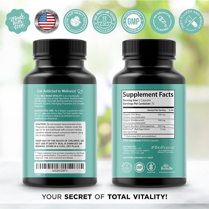 Organic Irish Sea Moss with Bladderwrack Burdock Root &amp Black Pepper Extract 150 Capsules Thyroid Support Natural Iodine Source Promotes Immune System Cell Food Alkaline Supplement
