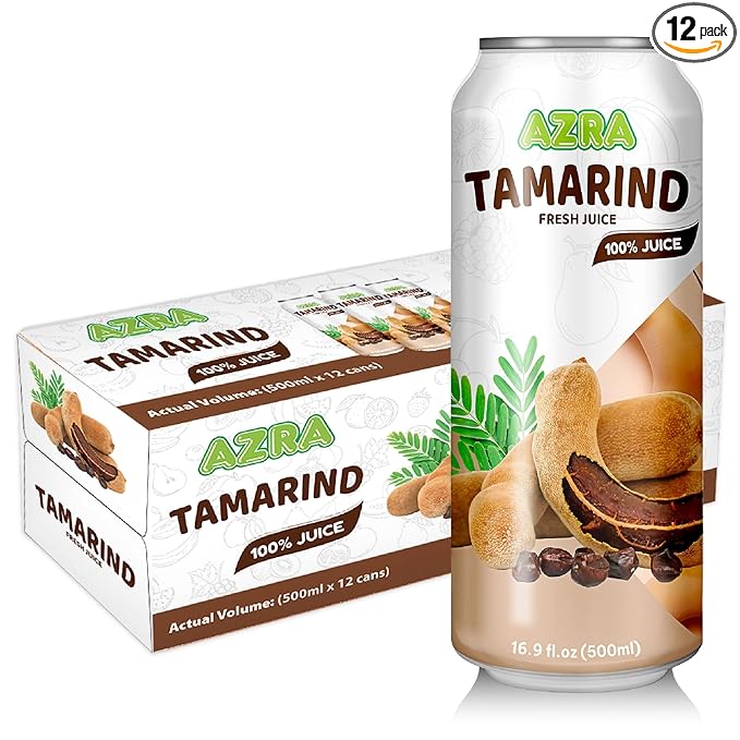 AZRA 100% Tamarind Juice – 500ml Cans Fresh Fruit Juice Variety Pack – Sugar Free Drinks made with Sweet Tamarind from Vietnam – Zero Sugar Juice Healthy Drinks for Kids and Adults – 12 Pack