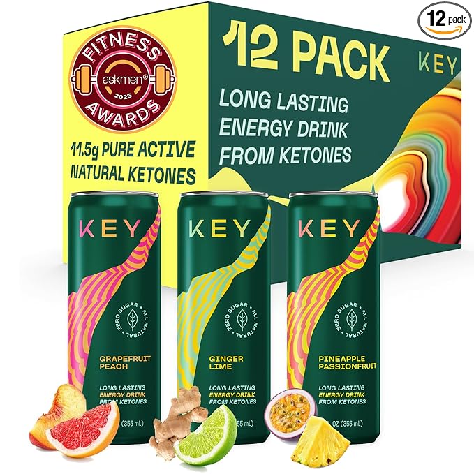 KEY Ketone Energy Drink - Sugar Free and All Natural from Ketones for Long Lasting Energy and optimal Green Tea Caffeine and L-Theanine for Mental Focus to Perform Variety Pack (Pack of 12)