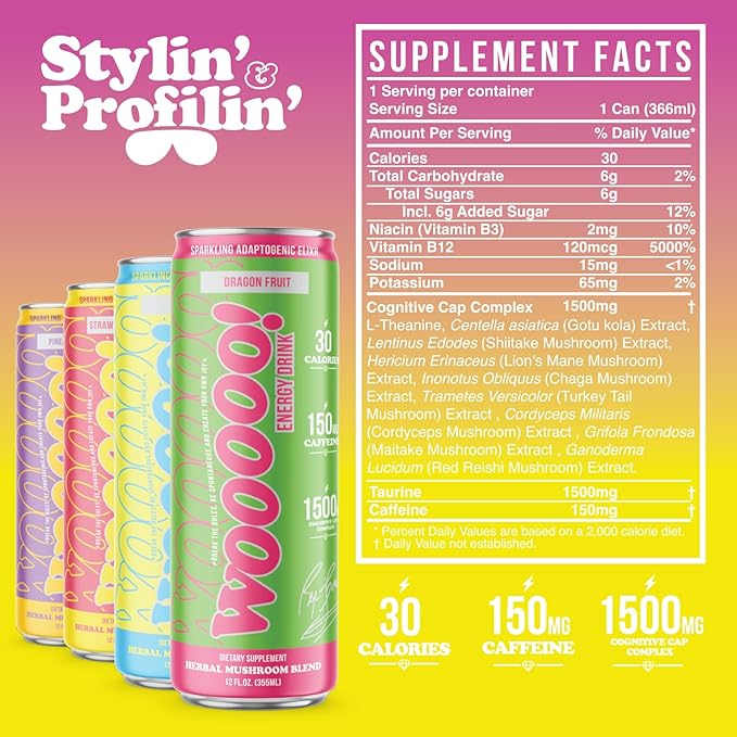 Wooooo! Energy Ric Flair Sparkling Adaptogenic Mushroom Energy Drink | Natural Antioxidants &amp Nootropics | Lion’s Mane &amp Cordyceps | 150mg Caffeine | 12 Pack (Variety Pack)