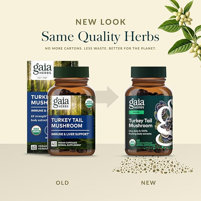 Gaia Herbs Turkey Tail Mushroom - Traditional Immune Support &amp Liver Health Supplement* - with Organic Turkey Tail Mushroom Fruiting Body Extract - 40 Vegan Capsules (40 Servings)