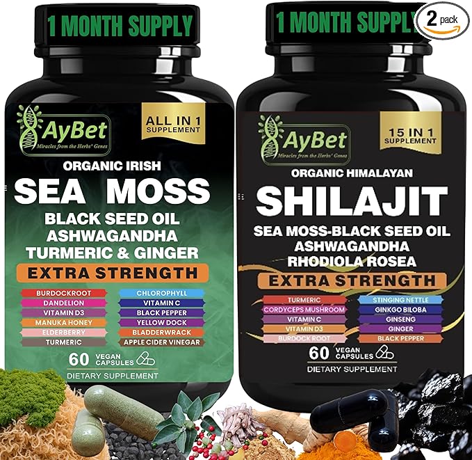 Sea Moss &amp Himalayan Shilajit Supplement Combo–Herbal Formula with Black Seed Oil Ashwagandha Rhodiola Turmeric Ginger – Mineral Antioxidant Support–Organic Halal Vegan Capsules–120 Count