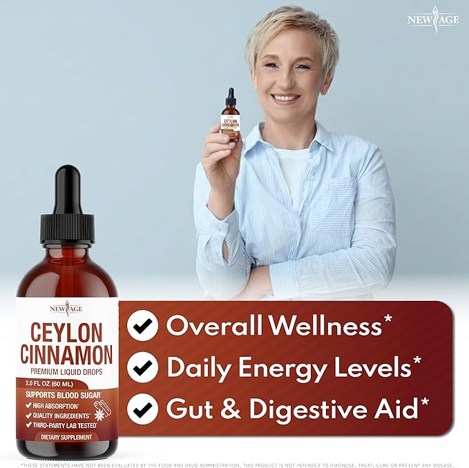 NEW AGE Ceylon Cinnamon Tincture Drops - Liquid Cinnamon Supplements for Overall Support - Cinnamomum Verum Bark Extract - Vegan Sugar &amp Alcohol-Free Non-GMO - 8 fl oz