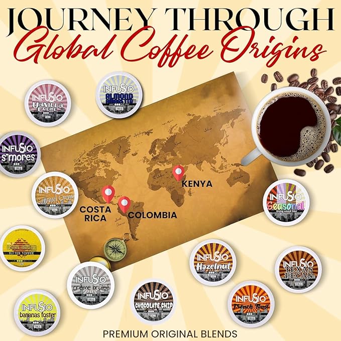 InfuSio Coffee Pods 96 Count - Bananas Foster Coffee Medium Roast Flavored Single Serve Pods for Keurig K Cups Brewers - InfuSio Premium Roasted Keurig 2.0 Compatible