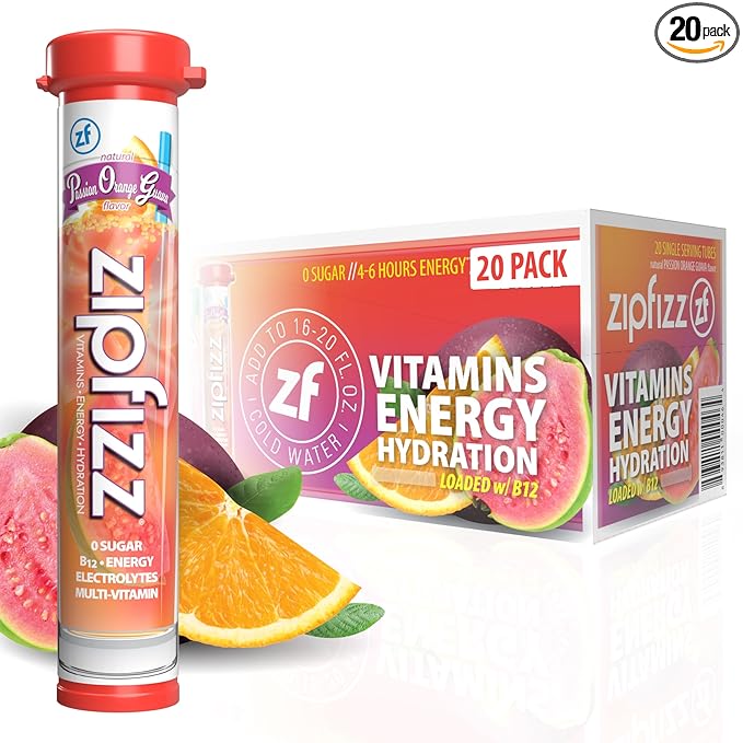Zipfizz Daily Energy Drink Powder Passion Orange Guava 20 Pack | 3-in-1 Sustained Energy Rapid Hydration and Essential Vitamins | Sugar-Free | Electrolyte Powder | Contains Vitamin B-12 &amp Anti