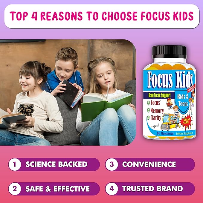 Focus Kids Gummies for Kids and Teens Attention Memory &amp Concentration Focus Supplement for School &amp Study Brain Vitamins for Children DHA &amp Omega 3-6-9 – 60ct