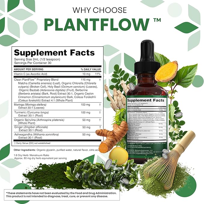 Clean Nutra Moringa Supplement Drops Ashwagandha Spirulina Chlorella Turmeric &amp Ginger Liquid Barley Grass with Chlorophyll Blue Green Algae Vitamin C Antioxidant Holy Basil Ceylon Cinnamon PlantF