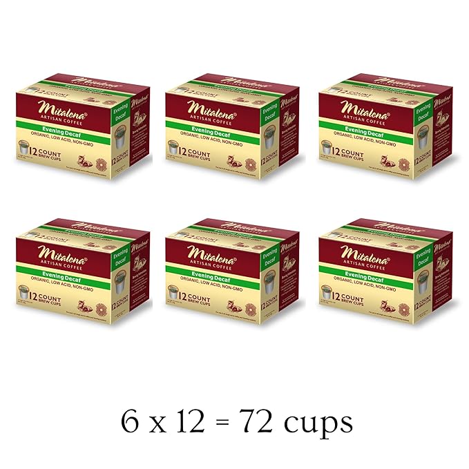 Mitalena Artisan Coffee - Evening Decaf Organic Low Acid Coffee Pods Water Process Naturally Low Acid Compatible with Keurig Coffee Maker Chemical Free 72 K Cups