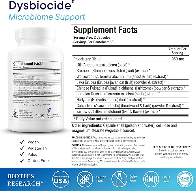 Biotics Research Dysbiocide Synergistic Botanical Blend Supports Normal Gut Health for Women &amp Men - Digestive Health Supplement - Supports Balanced Gut microbiome - 120 Capsules