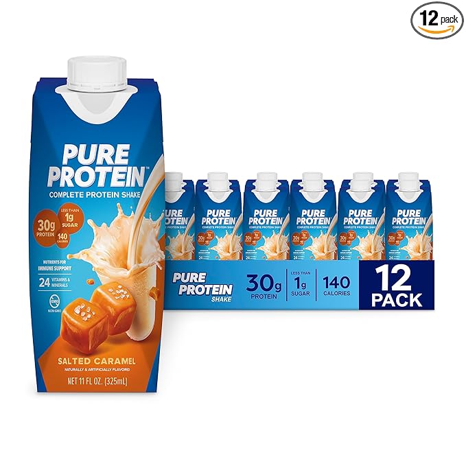 Pure Protein Salted Caramel Shake Ready to Drink and Keto-Friendly Vitamins A C D and E Plus Zinc to Support Immune Health 11 Oz 12 Count