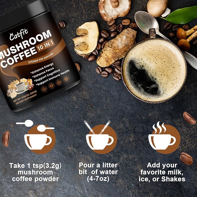 10 Mushroom Coffee Powder Mushroom Blend- Lion's Mane Chaga Cordyceps Brain Supplements with Arabica Coffee Ashwagandha L-Theanine for Energy Focus Memory and Immunity 5.65 Fl Oz