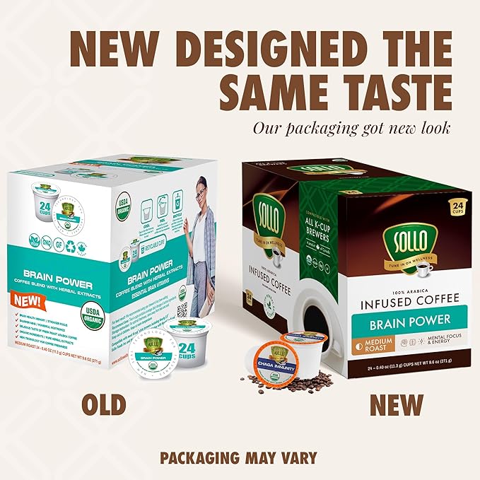 SOLLO Brain Power Medium Roast Coffee Pods with MCT Acai &amp Vitamins - Improves Memory &amp Focus Compatible with 2.0 K-Cup Keurig Brewers 24 Ct