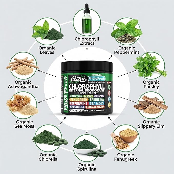 Clean Nutra Chlorophyll Capsules Supplement Internal Deodorant Peppermint Sea Moss Parsley Chlorella Spirulina Slippery Elm Ashwagandha PhytoFresh Greens Detox Pills