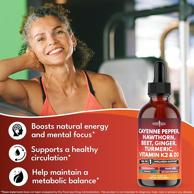 Cayenne Pepper Supplement Liquid Drops + Hawthorn Berry Vitamin D3 K2 Beet Root Powder Ceylon Cinnamon Turmeric Curcumin Organic Panax Ginseng - 8 oz