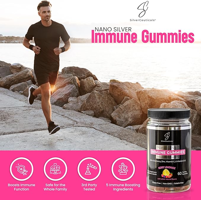 Immune Gummies - Sambucus Elderberry - Vitamin C &amp D - Zinc - Save Your Sick Days - Kids &amp Adults - Safe Ages 4 &amp Up - Nano Colloidal Silver - Gluten &amp Gelatin Free Non-GMO - Berry Lem