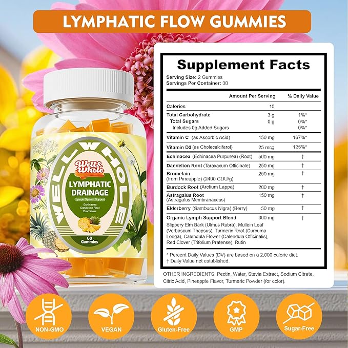 Well&ampWhole Lymphatic Drainage Gummies Lymphatic Drainage Supplements with Echinacea Dandelion Burdock Lymph System Support Lymph Detox Cleanse &amp Immune Support Pineapple Vagan 60 Gummi