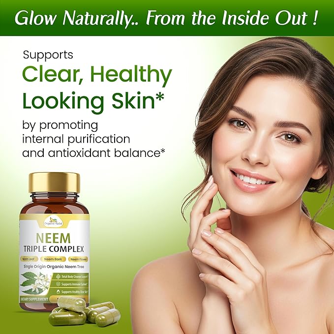 Organic Veda Neem Capsules Triple Complex Neem Leaf Bark &amp Flower Extracts - Herbal Supplement for Acne Cleanse &amp Clear Skin Health - Boost Immune Gut Health for Women &amp Men - 120 Vegan