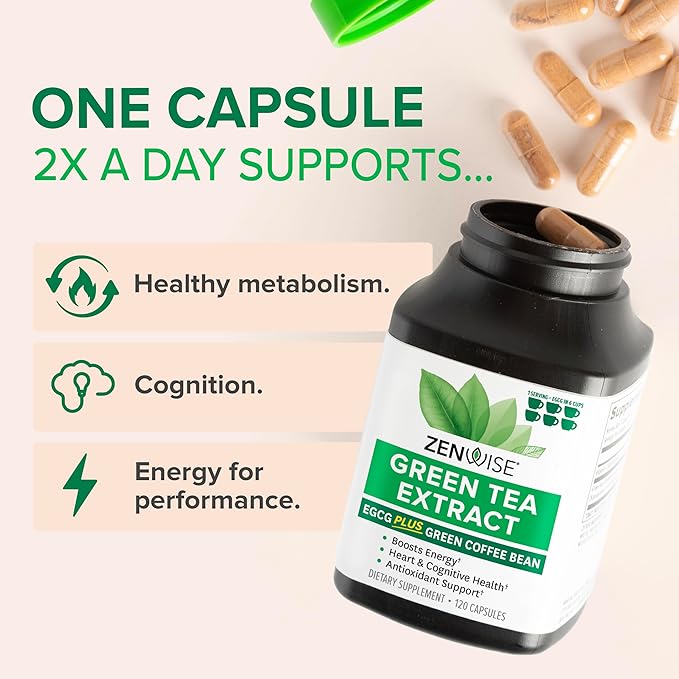 Zenwise Health Green Tea Extract Capsules for Men &amp Women - EGCG Supplement with Green Coffee Bean Extract Boosts Energy &amp Memory - Immune Support for Skin Brain &amp Hearth Health - Vegan -