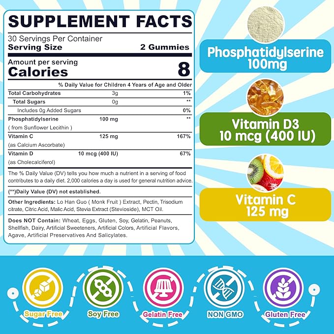 Sugar Free Phosphatidylserine for Kids + GABA Gummies