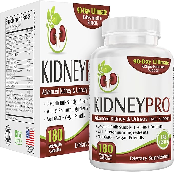 Kidney-Pro (3-Month) with 21 Kidney Support Supplements in 1 Formula | Men &amp Women | Health Supplement Complex | 90-Day Bulk Supply | 180 Capsules