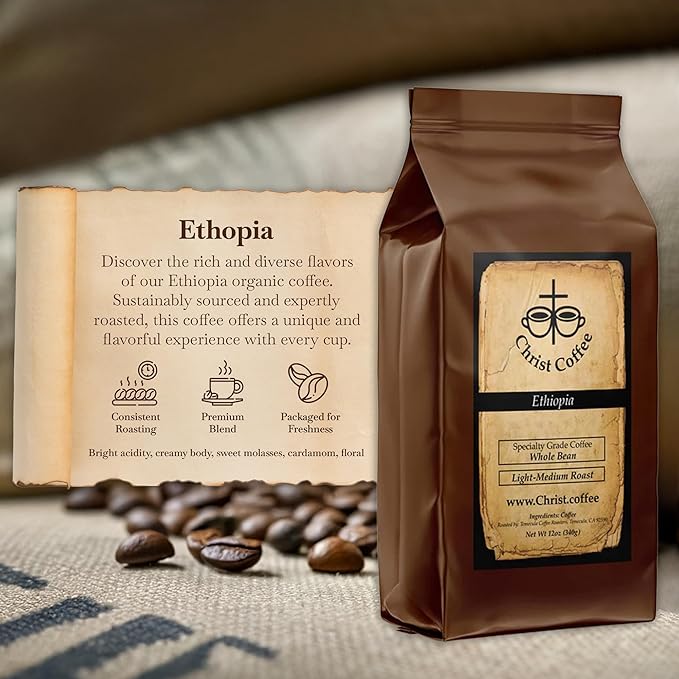 Christ Coffee Ethiopia Whole Bean – Premium Medium Roast Coffee Smooth and Rich Flavor | Perfect for Daily Brew Freshly Roasted for Optimal Taste 12 oz Bag