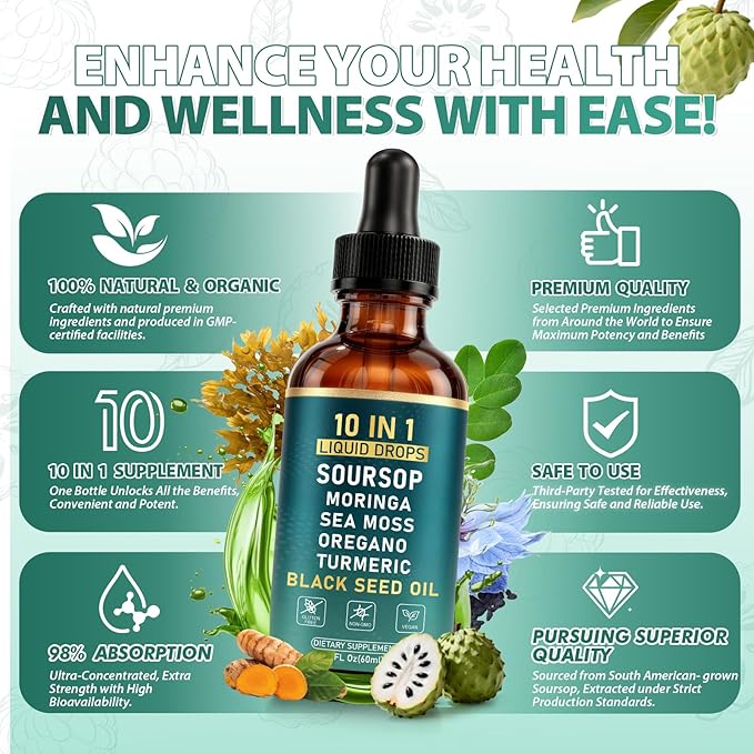10-in-1 Soursop Bitters Liquid Drops with Sea Moss Moringa Black Seed Oil Turmeric Ashwagandha Oregano - for Overall Health - 2 Fl Oz - Non-GMO Vegan