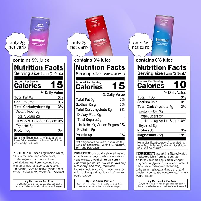Moment Botanical Soda Soft Drink (Shark Tank) - SPARKLING Drinks | Berry Blast | L-Theanine &amp Ashwagandha for Calm &amp Clarity | 0 Added Sugar 0 Caffeine | 12-pack