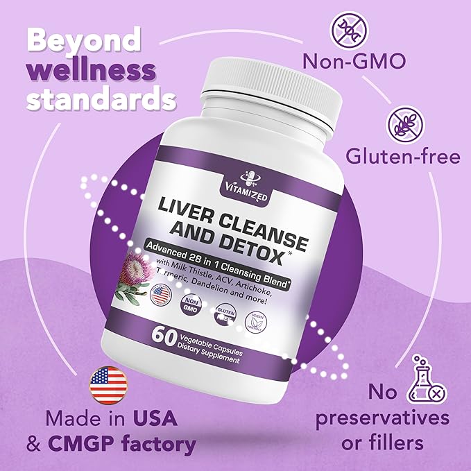 Liver Cleanse Detox &amp Repair Fatty Liver Supplements 28-in-1 Advanced Herbal Liver Health Supplement Formula - Milk Thistle Silymarin Artichoke Extract Dandelion &amp Apple Cider Vinegar - 60 P