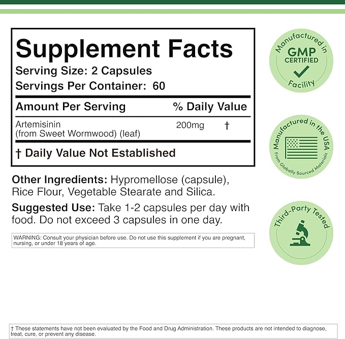 Artemisinin (Sweet Wormwood)(Artemisia Annua) 200mg Per Serving 120 Capsules (Two Month Supply) Vegan Safe Non-GMO Gluten Free (Immune Support) by Double Wood