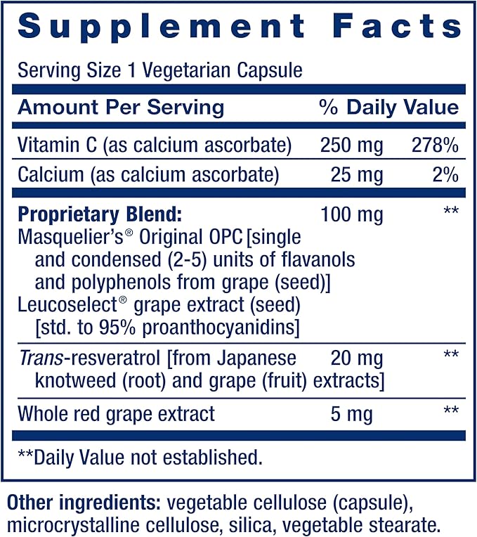 Life Extension Grapeseed Extract Vitamin C Calcium resveratrol polyphenols Cardiovascular Health antioxidant Protection Gluten-Free Non-GMO Vegetarian 60 Capsules