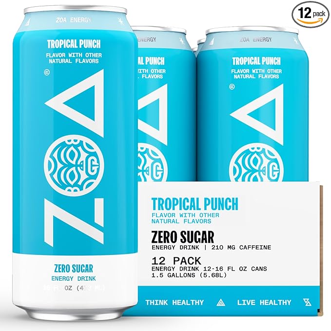 ZOA Zero Sugar Energy Drinks Tropical Punch - Sugar Free with Electrolytes Healthy Vitamin C Amino Acids Essential B-Vitamins and Caffeine from Green Tea - 16 Fl Oz (12-Pack)