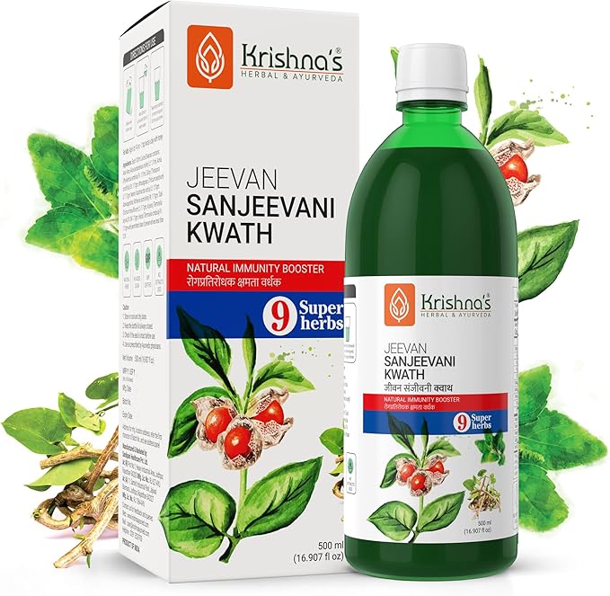 KRISHNA'S HERBAL &amp AYURVEDA Jeevan Sanjeevani Kwath - 500 ml Enriched with Aloe Vera Amla Giloy Tulsi Ashwagandha and 4 More Herbs Natural Immunity Booster 500 ml (Pack of 1) Multicolour