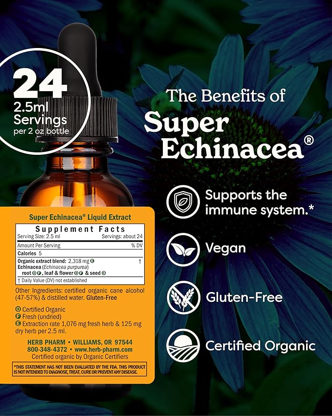Herb Pharm Super Echinacea® Liquid Extract: USDA Organic Immune Support for Year-Round | Fast-Absorbing Echinacea Tincture 4 Plant-Part Blend: Root Leaf Flower &amp Seed | Up to ~6 Week Supply 2