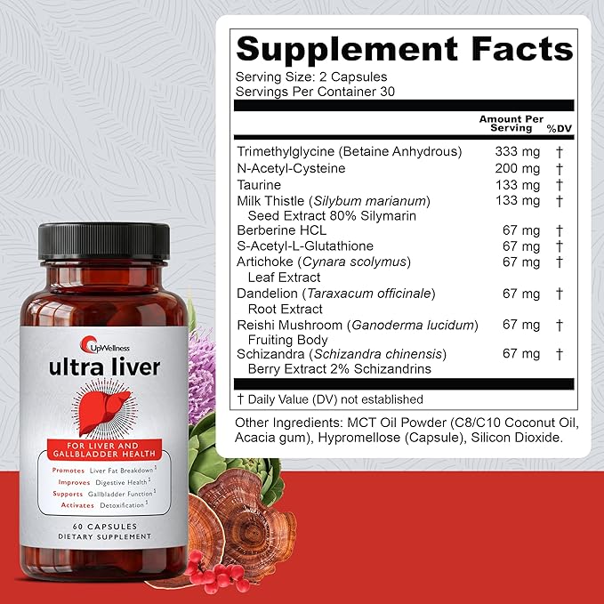 UpWellness Ultra Liver Supplement for Liver Support and Gallbladder Support - Powered by TMG NAC Milk Thistle and More - Liver Cleanse Detox &amp Repair - 60 Capsules