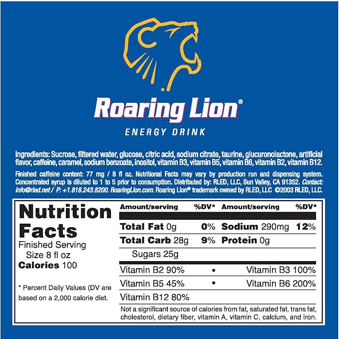 Roaring Lion energy drink (3 Gallon Bag-in-Box Syrup Concentrate) - Box Pours 18 Gallons of Energy Drink - Use with Bar Gun Soda Fountain or Home Beverage System
