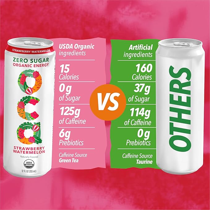 OCA ZERO Strawberry Watermelon Organic energy drink zero sugar gluten-free vegan plant-based 12 Fl Oz (12-pack)