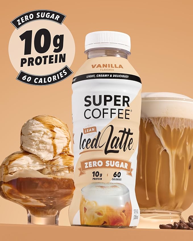 Super Coffee Ready To Drink Iced Coffee Vanilla Latte (12 Ounce Bottles Pack of 12) - Low Net Carbs No Added Sugar Keto Friendly 10g of Protein Low Calorie Protein Coffee