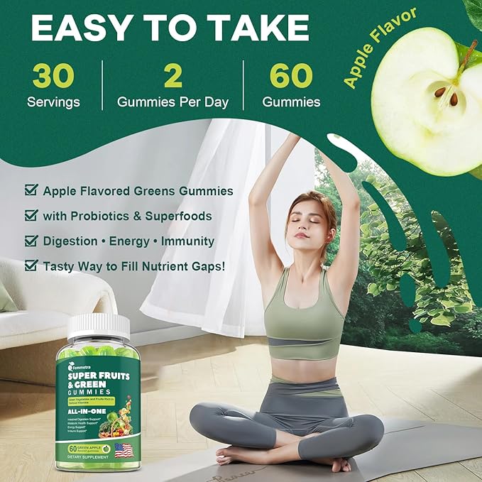 61-in-1 Supergreens Daily Gummies for Women and Men Multivitamin Superfood Gummy with Probiotics for Metabolic Energy and Digestive Health Sugar Free Green Apple Flavor 60 Count