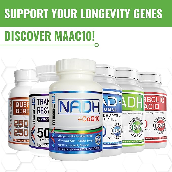 MAAC10 NADH Supplement 20mg Each 60 Capsules for Energy Fatigue Mental Focus &amp NAD+ Longevity Support | Pharmaceutical Grade 99% Pure NADH (Pack of 2)