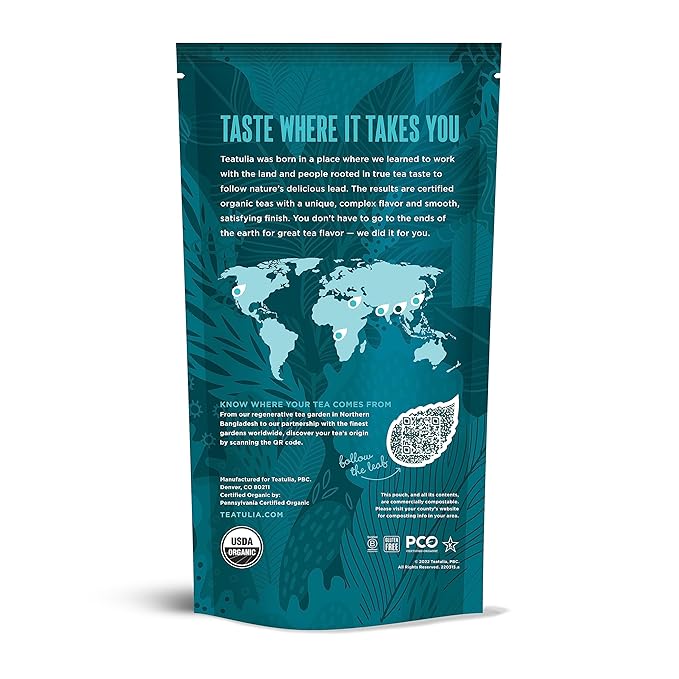 Teatulia Organic Masala Chai Tea Bags (50 Pyramid Sachet Teabags) Premium Whole Leaf. Compostable &amp Sustainably Grown In Bangladesh. Black Tea Cinnamon Cardamom Ginger Root Black Pepper Clove