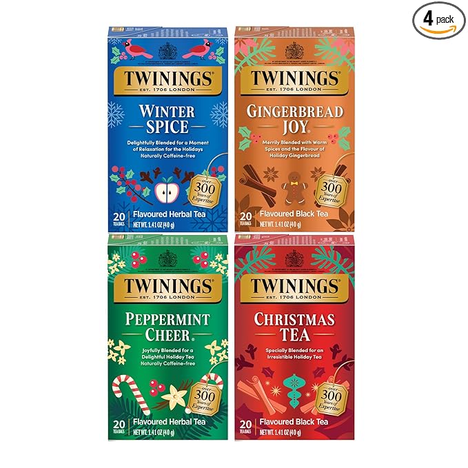 Twinings Holiday Variety Pack Tea Bags Christmas Tea Winter Spice Gingerbread Joy Peppermint Cheer 20 Count (Pack of 4) Enjoy Hot or Iced 80 Teabags