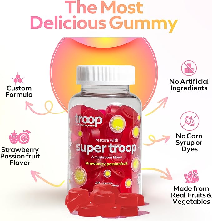 Troop Super 6 Mushroom Gummies — Immunity Energy and Mood Boost — Triple-Extracted Fruiting Body — Vegan 60 Count