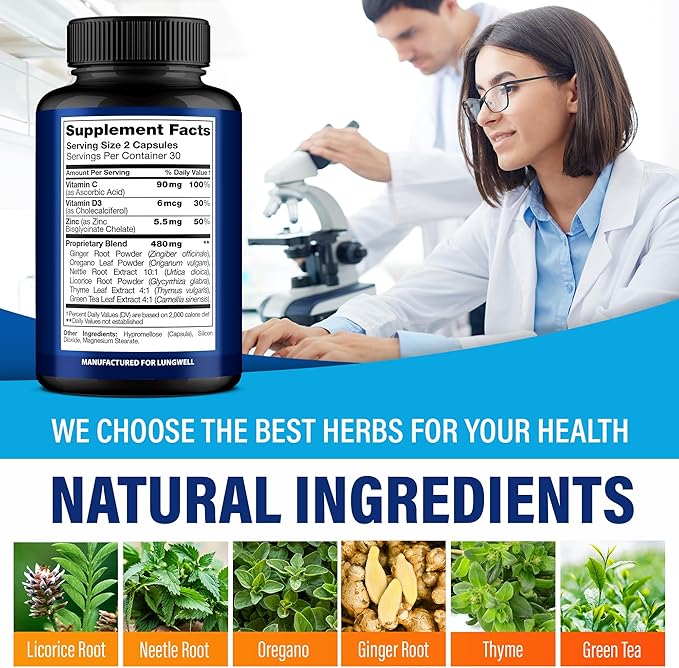 Quit Smoking Aid for Lung Cleanse &amp Support - Lung Detox for Smokers - Herbs for Respiratory Health: Licorice Ginger &amp Nettle Root Thyme - Clear Lungs Supplement with Vitamins C D3-60 Capsu