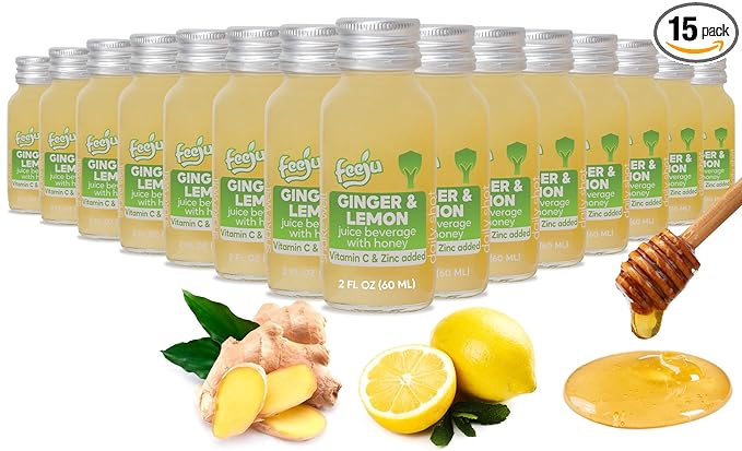 15 Pcs Lemon &amp Ginger Shots with Honey - 60ml Hand-squeezed Immunity Shots for Digestion and Energy Boost – No Allergens with Vitamin C and Zinc