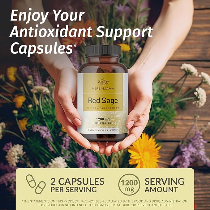 HERBAMAMA Red Sage Supplement Capsules - 1200mg Red Sage Root (Dan Shen) for Antioxidant Support - Vegan Non-GMO Salvia Miltiorrhiza Supplement
