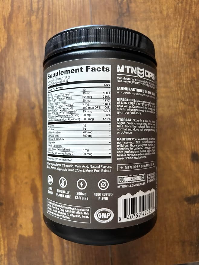 MTN OPS Ignite Sugar Free Energy Drink Powder Naturally Sweetened with Monk Fruit 200mg Caffeine Nootropic Blend for Energy Focus &amp Endurance L Arginine &amp L Citrulline 45 Servings Peach