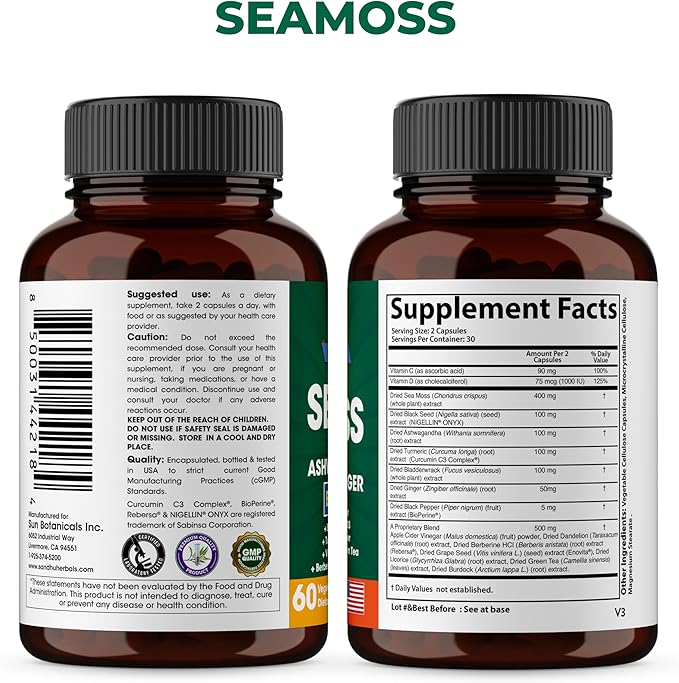 Shilajit Sea Moss Ashwagandha Combo Bundle - Black Seed Oil Turmeric Rhodiola Rosea Panax Ginseng Supplement | 120 Capsules Better Than Gummies Resin | Seamoss for Men &amp Women