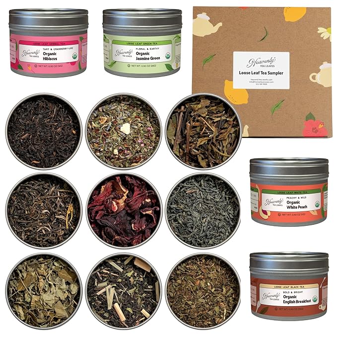 Heavenly Tea Leaves Organic 9 Flavor Variety Pack Loose Leaf Tea Sampler Gift Set (Approx. 90 Cups) | Assorted Green Black White Herbal Teas Premium Whole Leaf Collection Gourmet Box for Tea Lovers