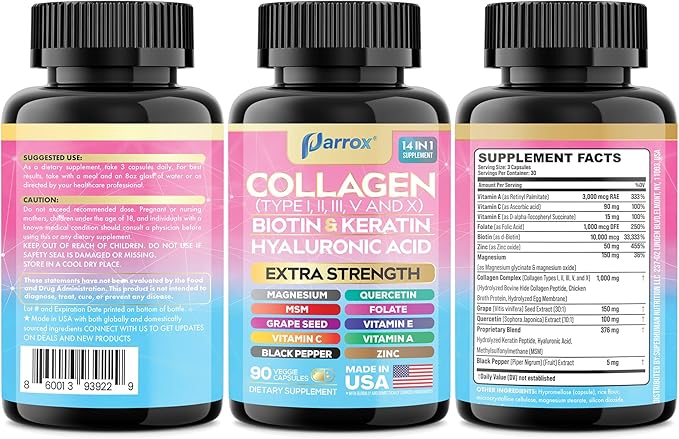 Collagen Peptides Types I II III V &amp X MCG Biotin Keratin Hyaluronic Acid MSM Zinc Grape Seed Extract Quercetin Vitamin A Vitamin C Vitamin E Magnesium Folic Acid (90 Capsules)