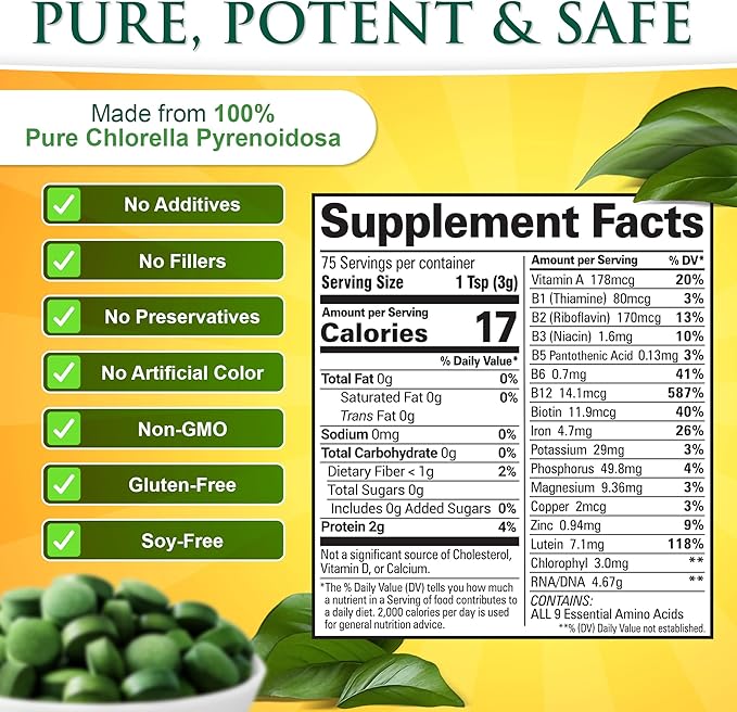 Sunlit Best USDA Organic Premium Chlorella Tablets 1000 Count | 100% Pure Chlorella Superfood Supplement High in Protein Chlorophyll Vitamins &amp Minerals | Supports Good Health Wellbeing